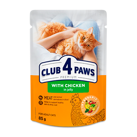 CLUB 4 PAWS PREMIUM "WITH CHICKEN IN JELLY". COMPLETE CANNED PETFOOD FOR ADULT CATS